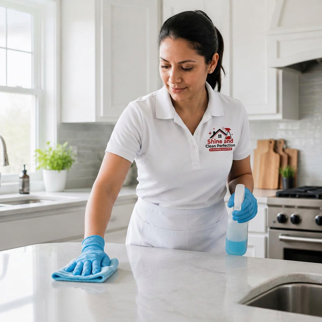 Professional cleaner wiping a kitchen countertop in a bright modern home