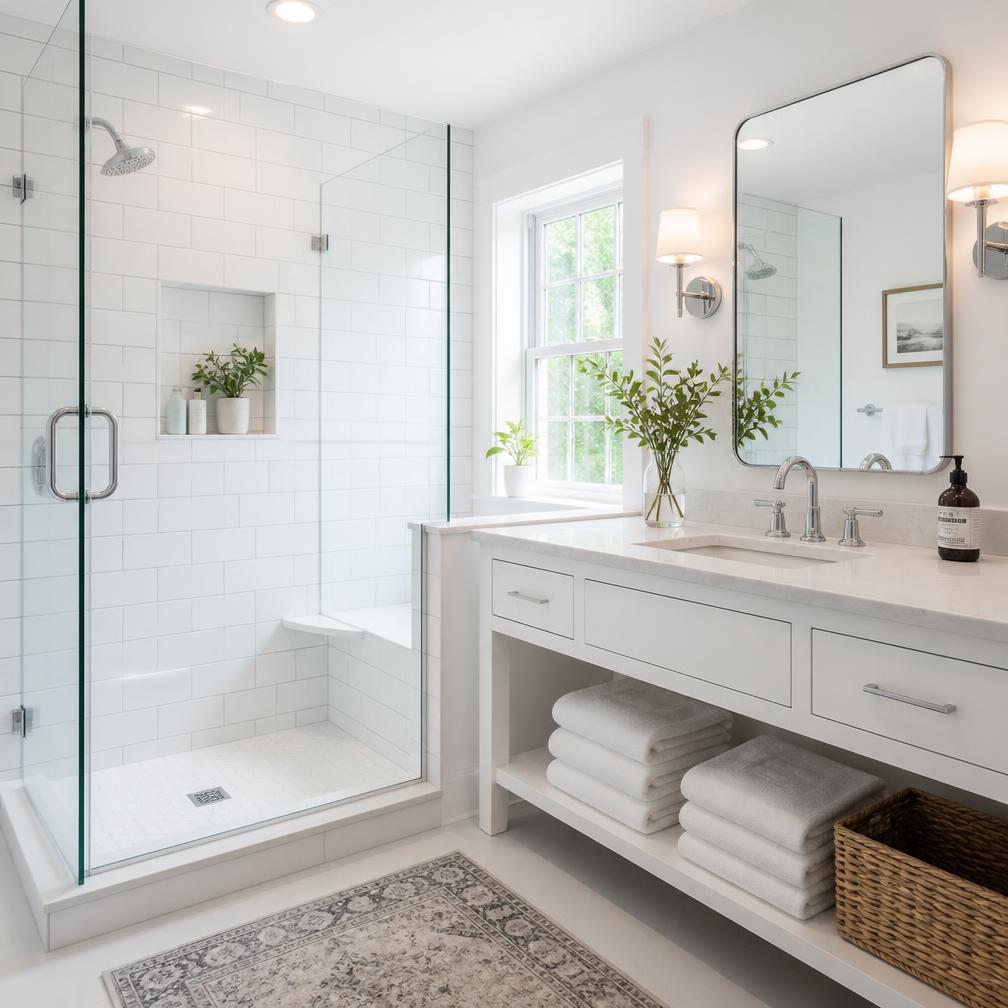 Sparkling clean bathroom with spotless glass shower and folded towels