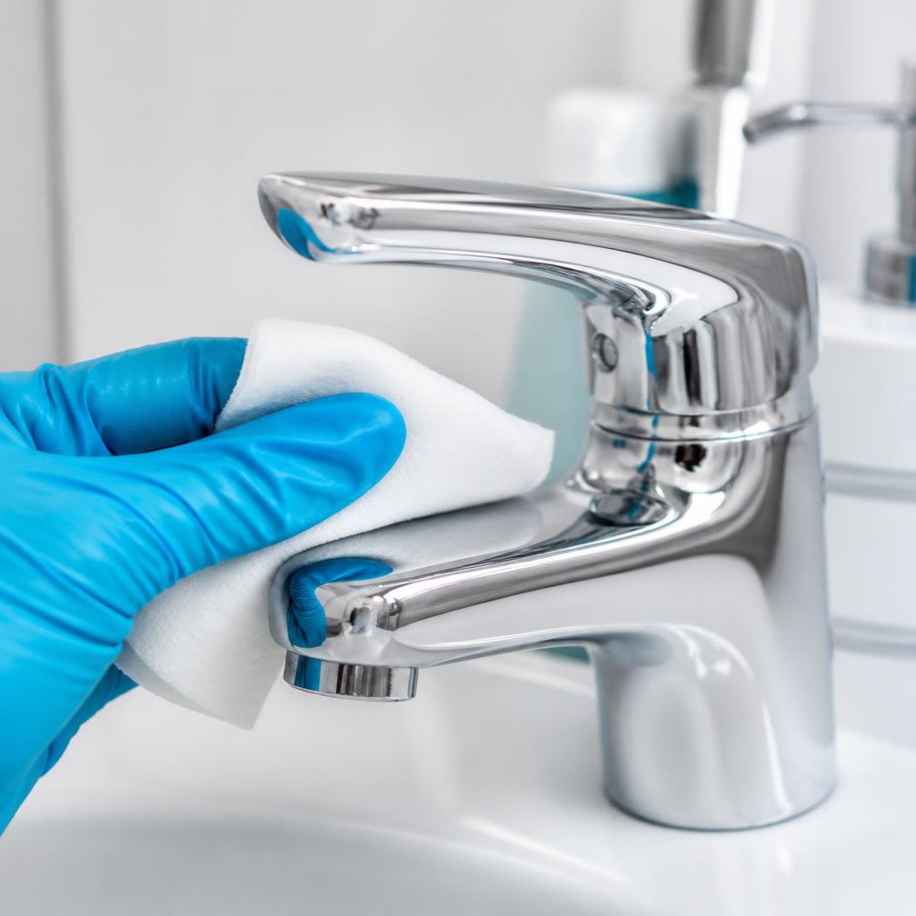 Close-up of a faucet being polished during a detailed cleaning