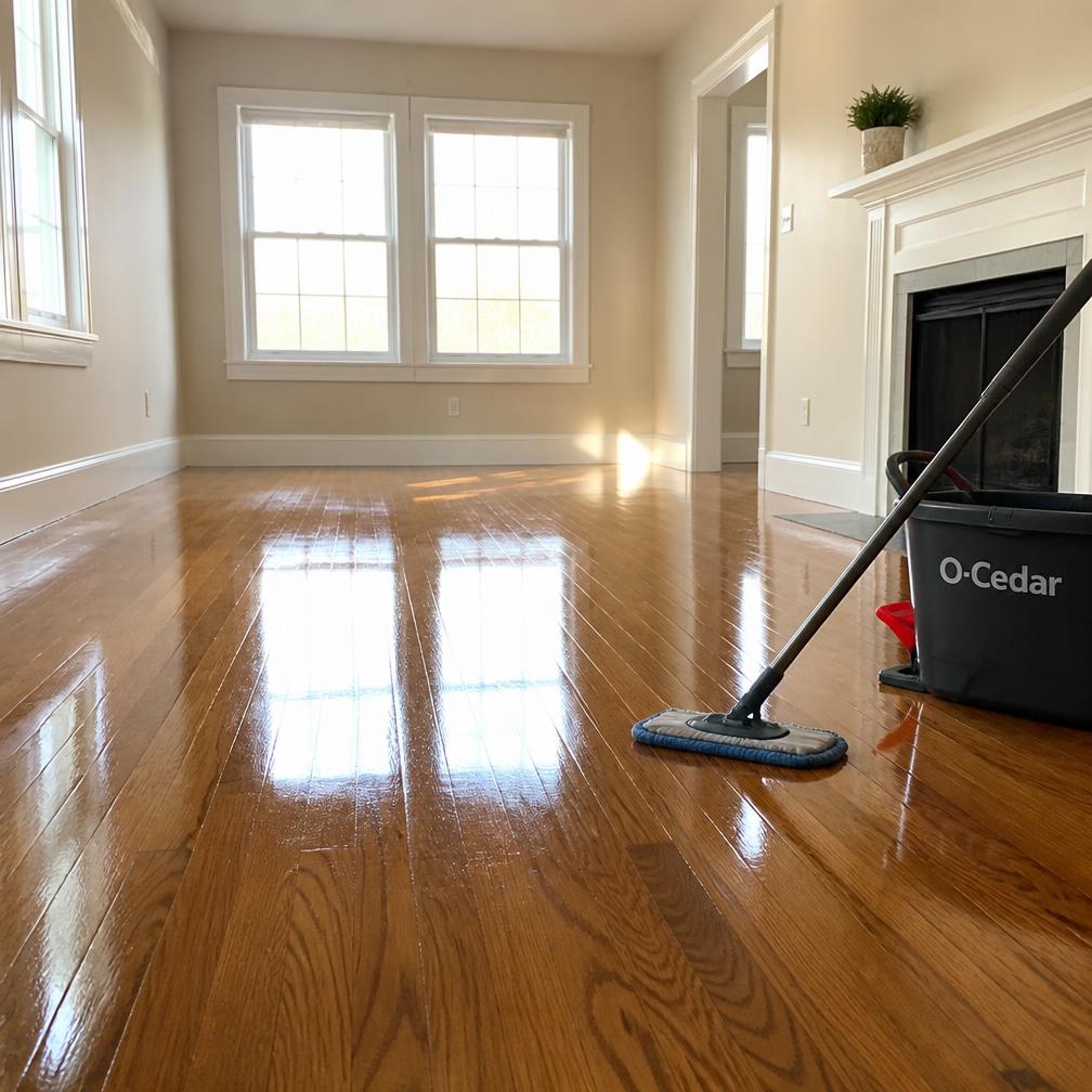 Freshly mopped hardwood floor shining in a bright empty room