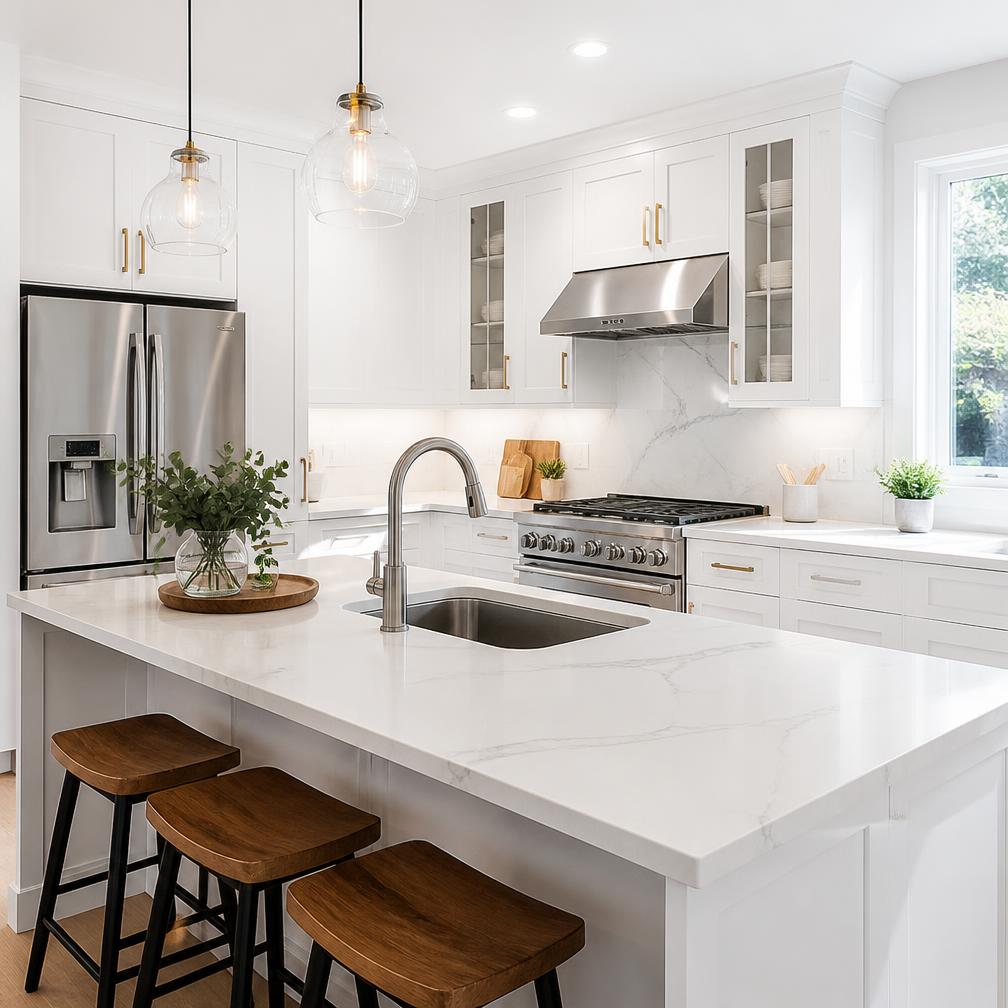 Immaculate white kitchen with marble countertops and gleaming appliances